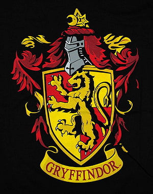 Gryffindor House Crest with Lion and Knight Helmet on Black Background HD phone wallpaper