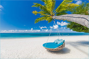 Tropical beach scene with a hanging wicker swing beneath a leaning palm tree on white sand HD wallpaper