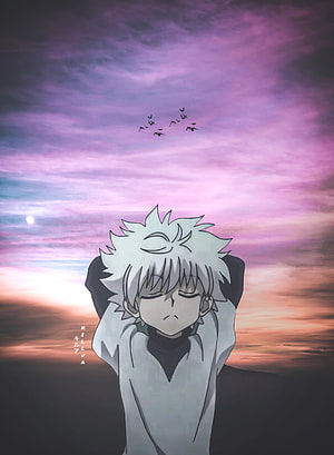 Killua Zoldyck from Hunter x Hunter Relaxing Under a Purple Sunset Sky HD phone wallpaper