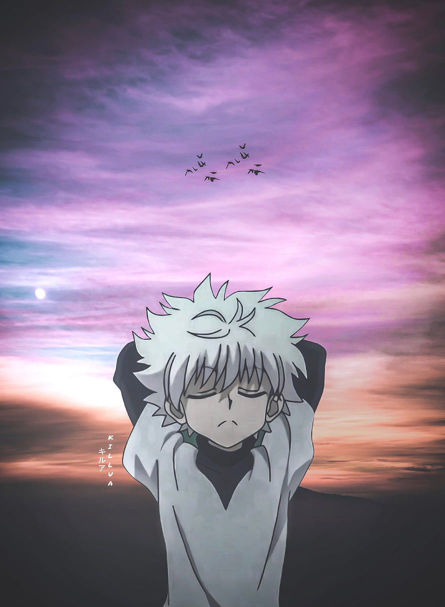 Killua Zoldyck from Hunter x Hunter Relaxing Under a Purple Sunset Sky HD phone wallpaper