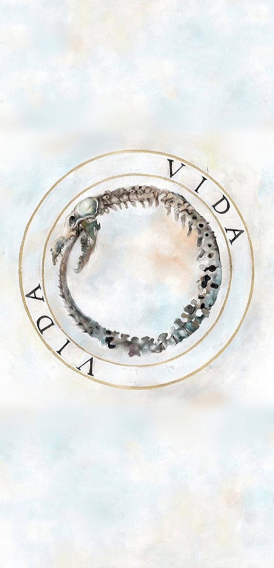 Watercolor Ouroboros Snake Skeleton in Circular Frame with Vida Text on Soft Pastel Background HD phone wallpaper