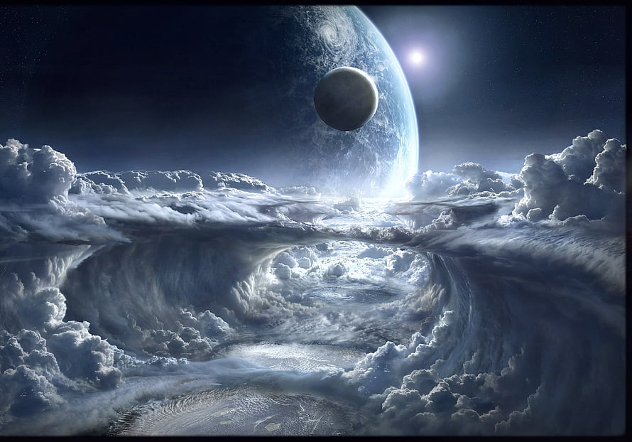 Surreal Cosmic Landscape With Giant Planet, Moon, and Swirling Cloud Vortex HD wallpaper