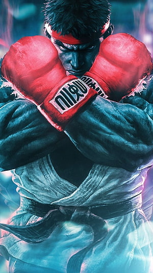 Ryu from Street Fighter in a Fierce Boxing Stance with Red Gloves and Headband HD phone wallpaper