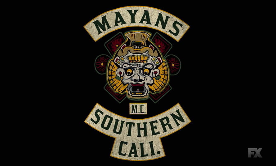 Mayans M.C. Southern California Chapter Emblem with Aztec Mask on Black Background HD wallpaper