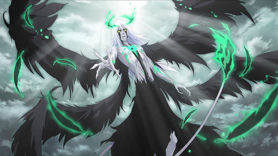 Ulquiorra Cifer with Black Wings and Green Energy in Bleach Anime HD wallpaper