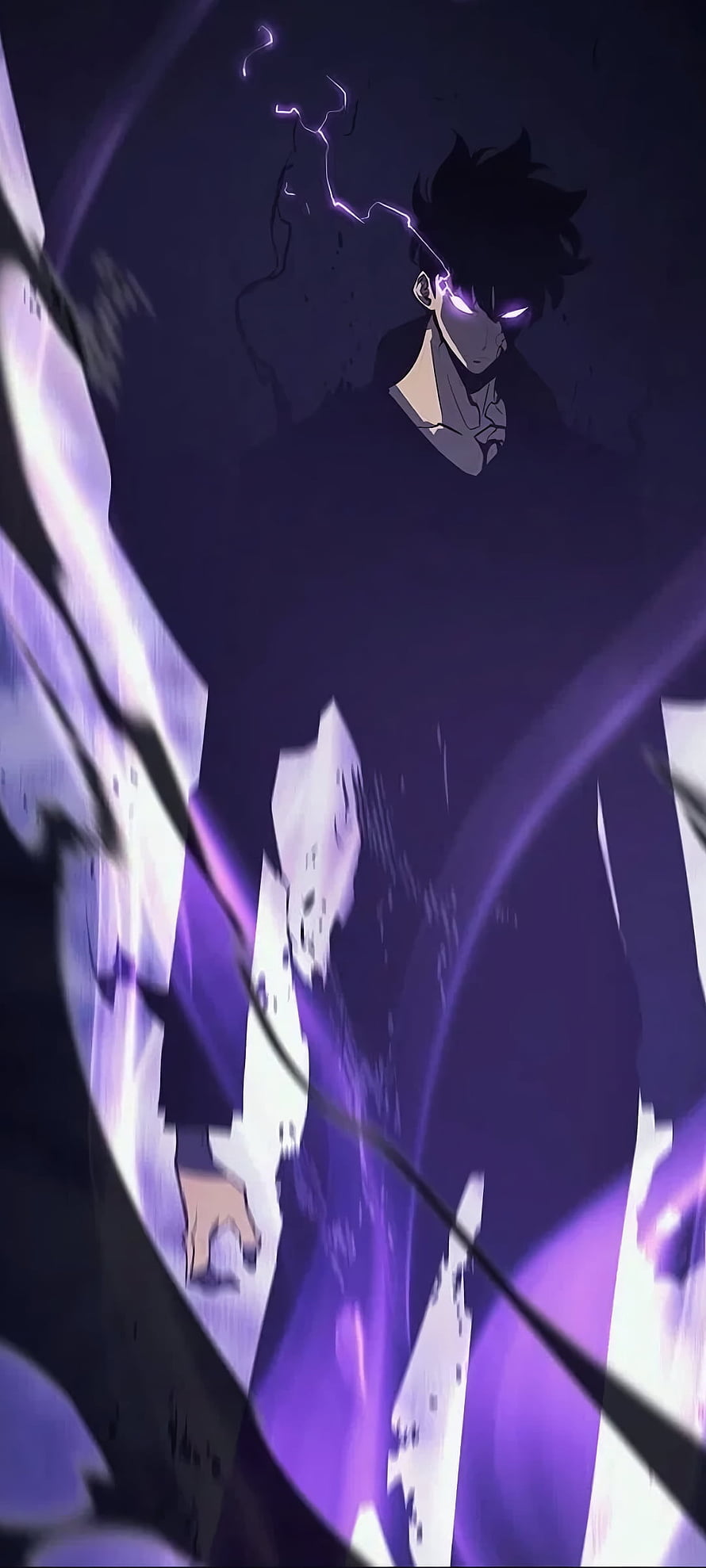 Sung Jin-Woo Dark Anime Character with Glowing Purple Eyes and Lightning HD phone wallpaper