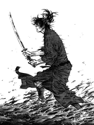 Vagabond Manga Samurai Warrior Wielding Katana in Dynamic Black Ink Illustration HD phone wallpaper