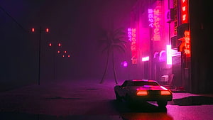 Retro 1980s Muscle Car Parked on Neon-Lit Street at Night with Palm Trees and Purple Fog HD wallpaper