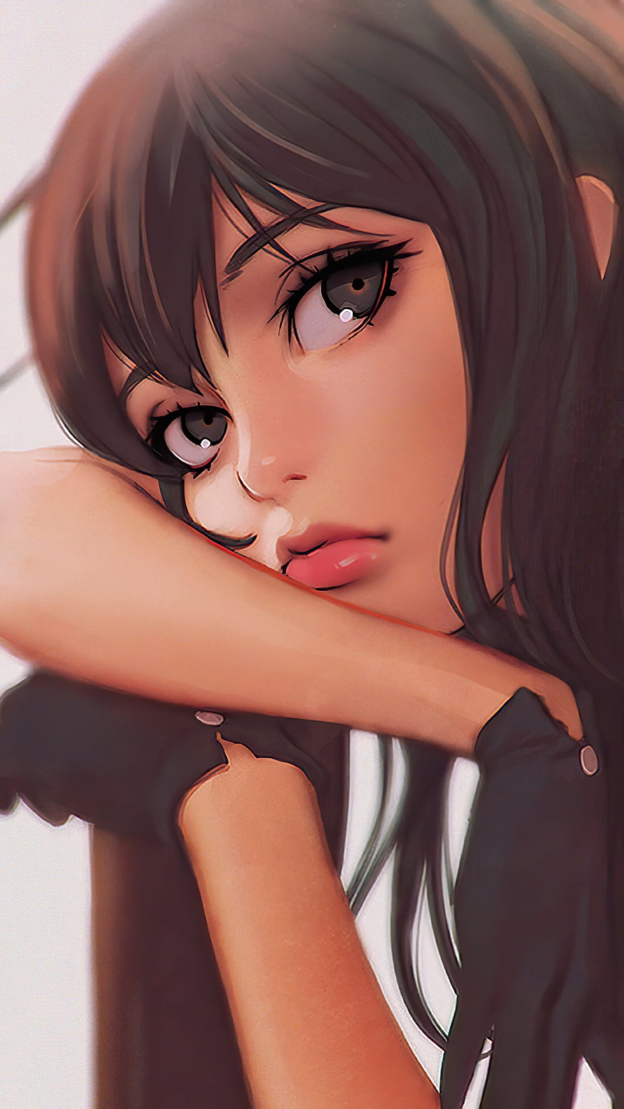 Anime Girl Resting Chin on Arm with Soft Lighting and Melancholic Expression HD phone wallpaper