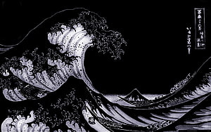 The Great Wave Off Kanagawa in High Contrast Black and White Ukiyo-e Style HD wallpaper