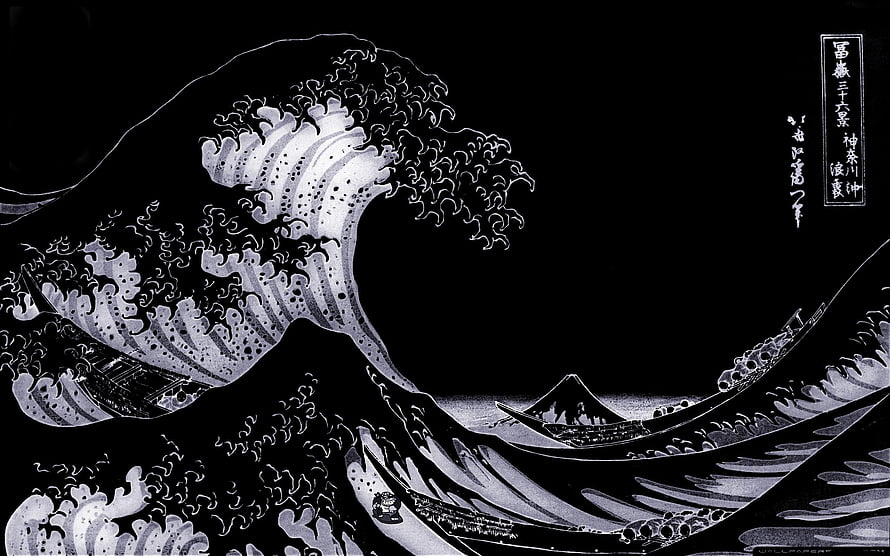 The Great Wave Off Kanagawa in High Contrast Black and White Ukiyo-e Style HD wallpaper