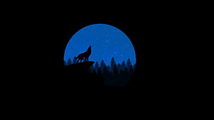 Minimalist Wolf Silhouette Howling at a Starry Blue Moon Over a Pine Forest HD wallpaper