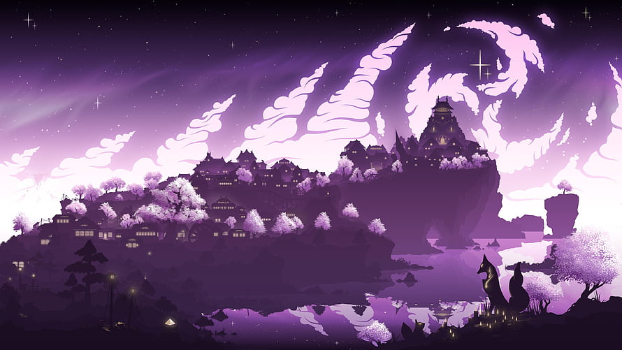 Inazuma Floating City at Night with Cherry Blossoms and Purple Sky in Genshin Impact HD wallpaper