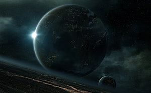 Dramatic View of Earth and Moon from Space with Distant Sun and Nebula HD wallpaper