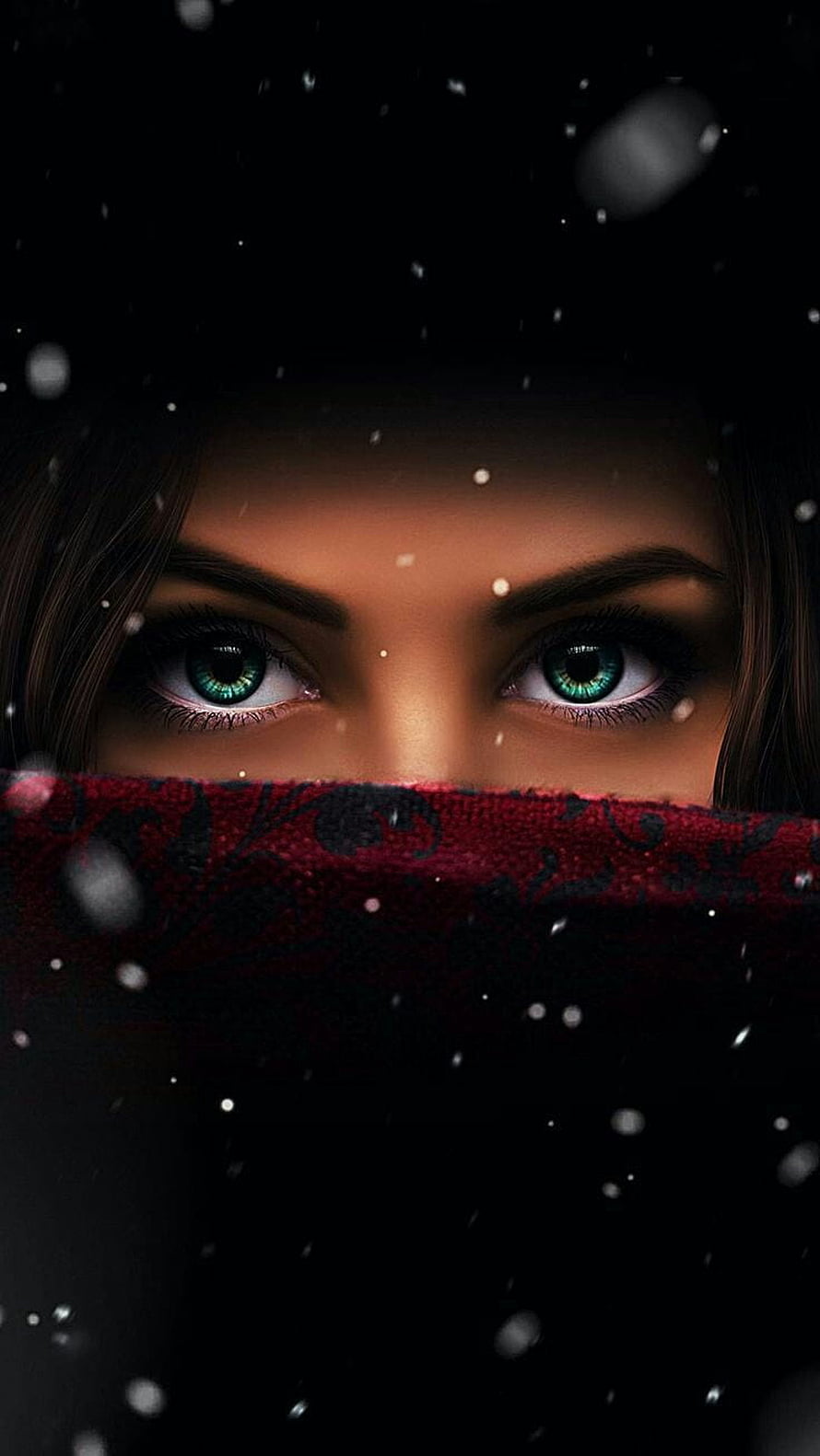 Mysterious Green Eyes Peeking Over Red Scarf in Snowy Winter Night HD phone wallpaper