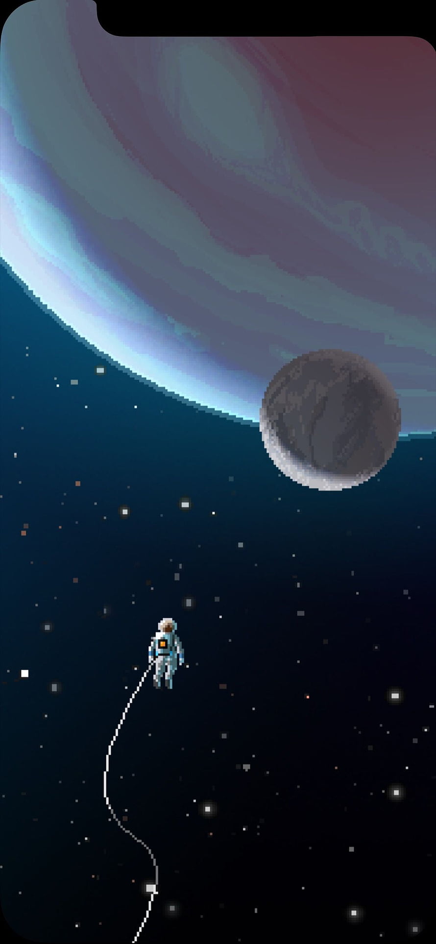 Pixel Art Astronaut Floating in Deep Space Near a Giant Planet and Moon HD phone wallpaper