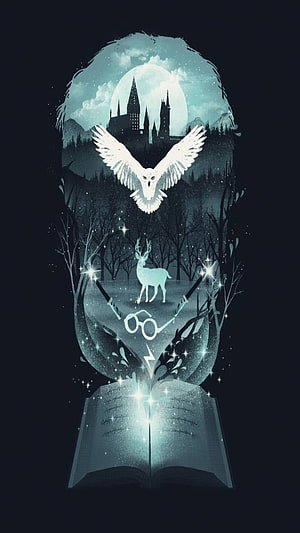 Harry Potter Magical Illustration Featuring Owl, Stag, and Glowing Book HD phone wallpaper