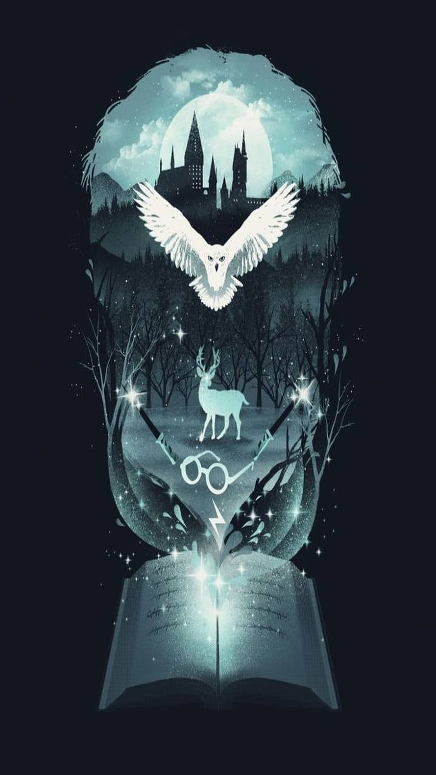 Harry Potter Magical Illustration Featuring Owl, Stag, and Glowing Book HD phone wallpaper