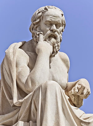 Socrates Marble Statue in Contemplative Pose Against Blue Sky HD phone wallpaper