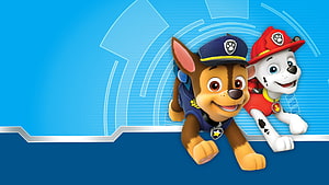 Paw Patrol Chase and Marshall Puppies Leaning on Blue Tech Background HD wallpaper
