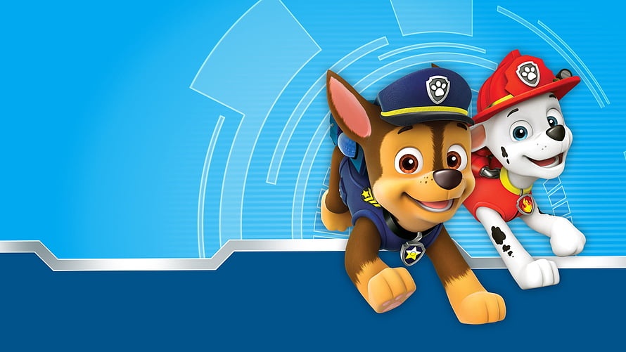 Paw Patrol Chase and Marshall Puppies Leaning on Blue Tech Background HD wallpaper
