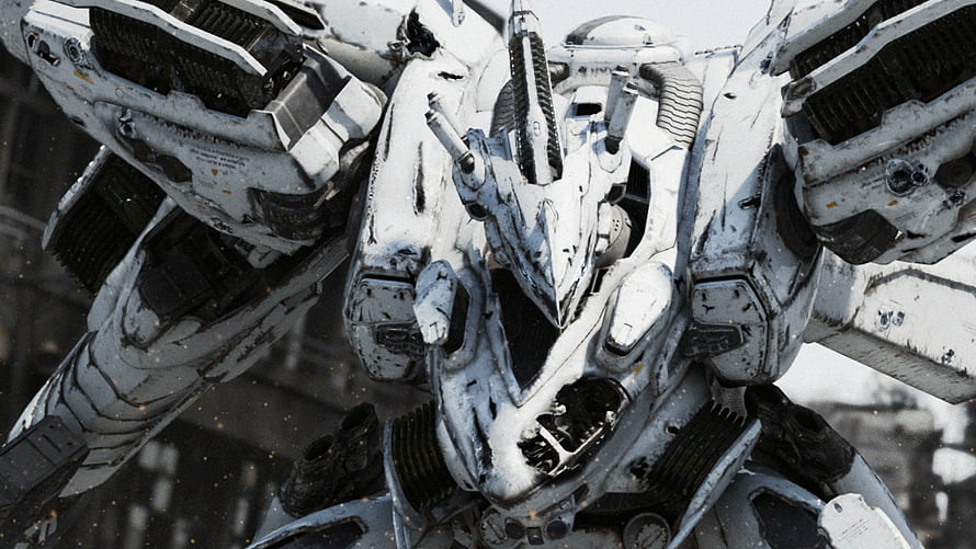 Armored Core Mecha Close-Up: White Battle-Worn Robot in Snowy Combat Zone HD wallpaper