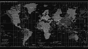 Monochrome World Time Zones Map with Country Borders and Ocean Labels HD wallpaper