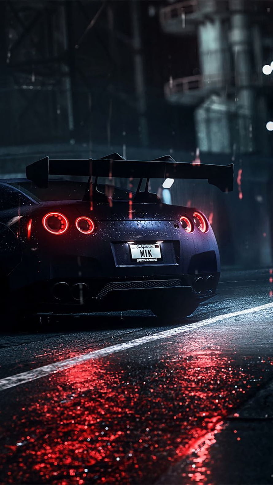 Nissan GT-R R34 Rear View on Rainy Night Street with Red Taillight Reflections HD phone wallpaper
