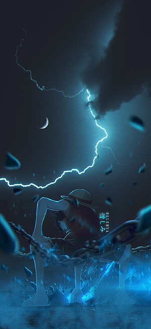 One Piece Luffy Gear 2 Anime Artwork Under Lightning Storm and Crescent Moon HD phone wallpaper