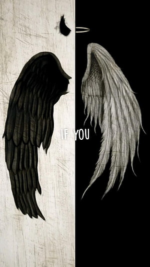 Black and White Angel Wings Contrast Artwork with Halo and Text Overlay HD phone wallpaper