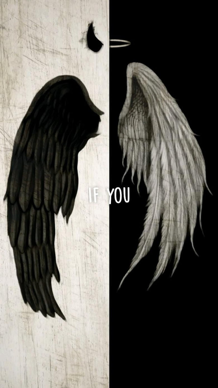 Black and White Angel Wings Contrast Artwork with Halo and Text Overlay HD phone wallpaper