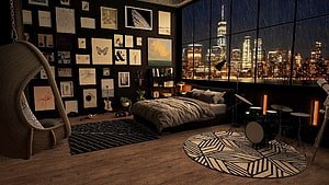 Cozy Modern Bedroom Interior With City Skyline View At Night HD wallpaper