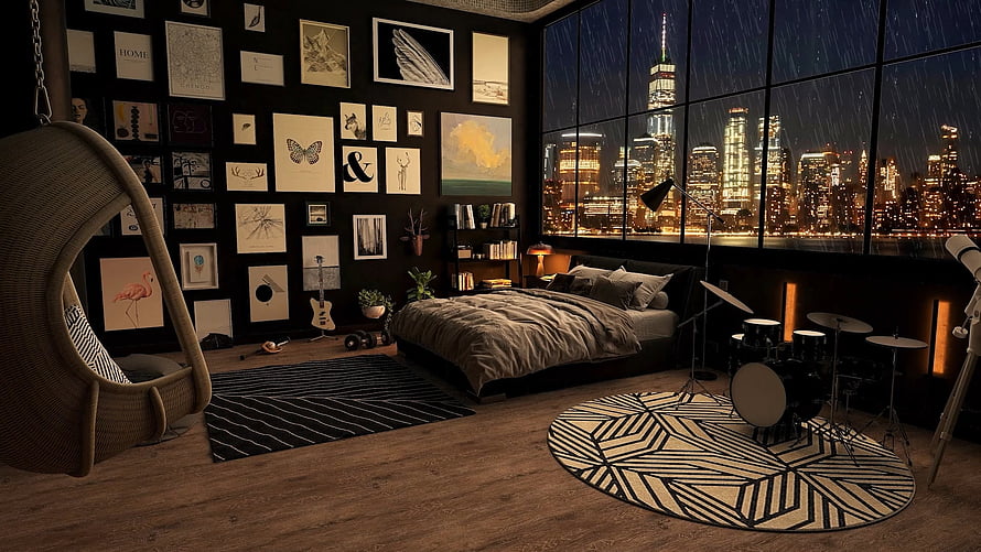Cozy Modern Bedroom Interior With City Skyline View At Night HD wallpaper