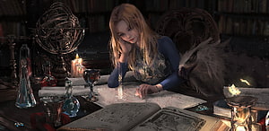Lux from League of Legends studying ancient maps in a candlelit library with an owl companion HD wallpaper