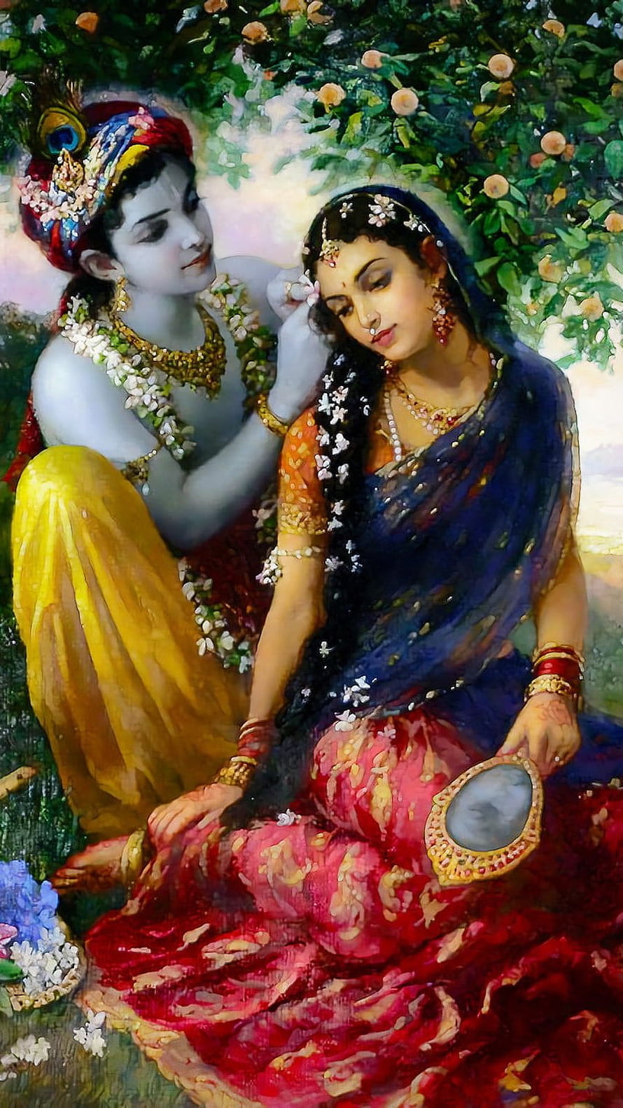 Radha Krishna Painting: Divine Love Scene with Floral Garland and Ornate Jewelry HD phone wallpaper