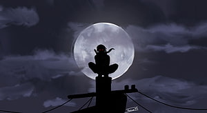 Itachi Uchiha Silhouette Perched on Utility Pole Against Full Moon HD wallpaper