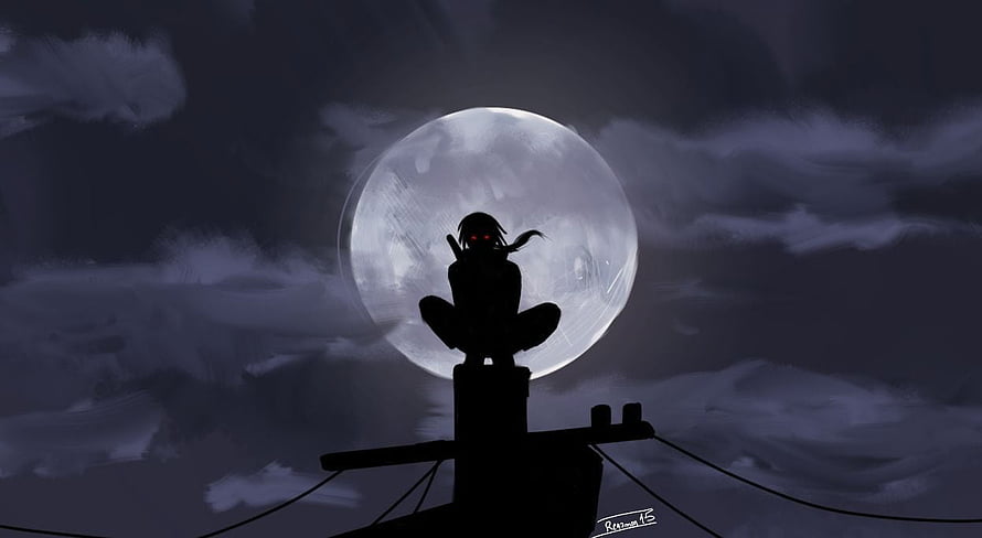 Itachi Uchiha Silhouette Perched on Utility Pole Against Full Moon HD wallpaper