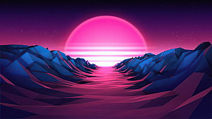 Vaporwave Low Poly Mountain Landscape With Glowing Pink Sun And Purple Sky HD wallpaper