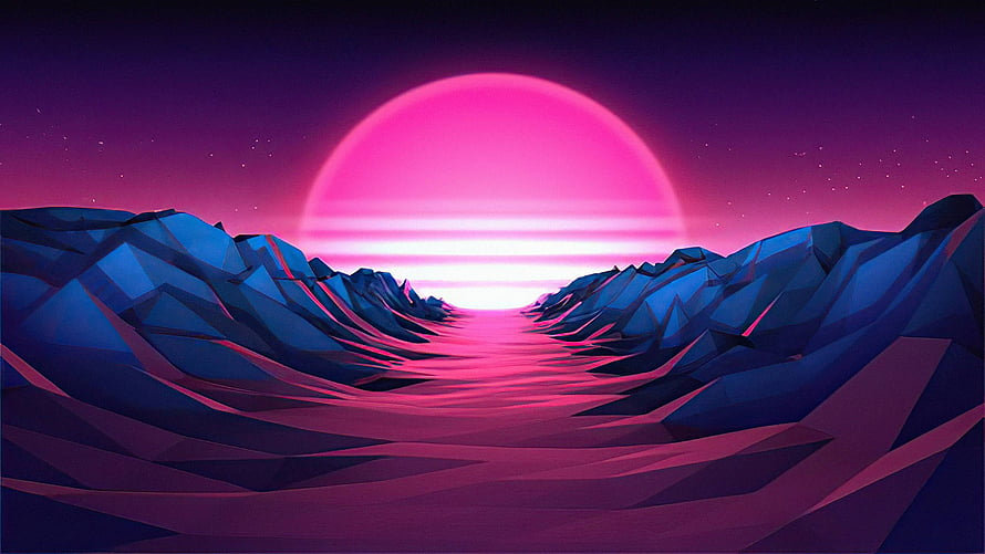 Vaporwave Low Poly Mountain Landscape With Glowing Pink Sun And Purple Sky HD wallpaper