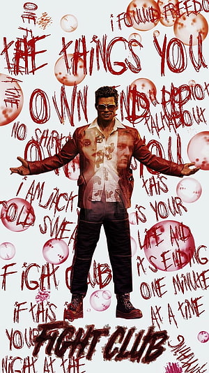 Fight Club Movie Poster with Brad Pitt and Red Graffiti Text on White Background HD phone wallpaper