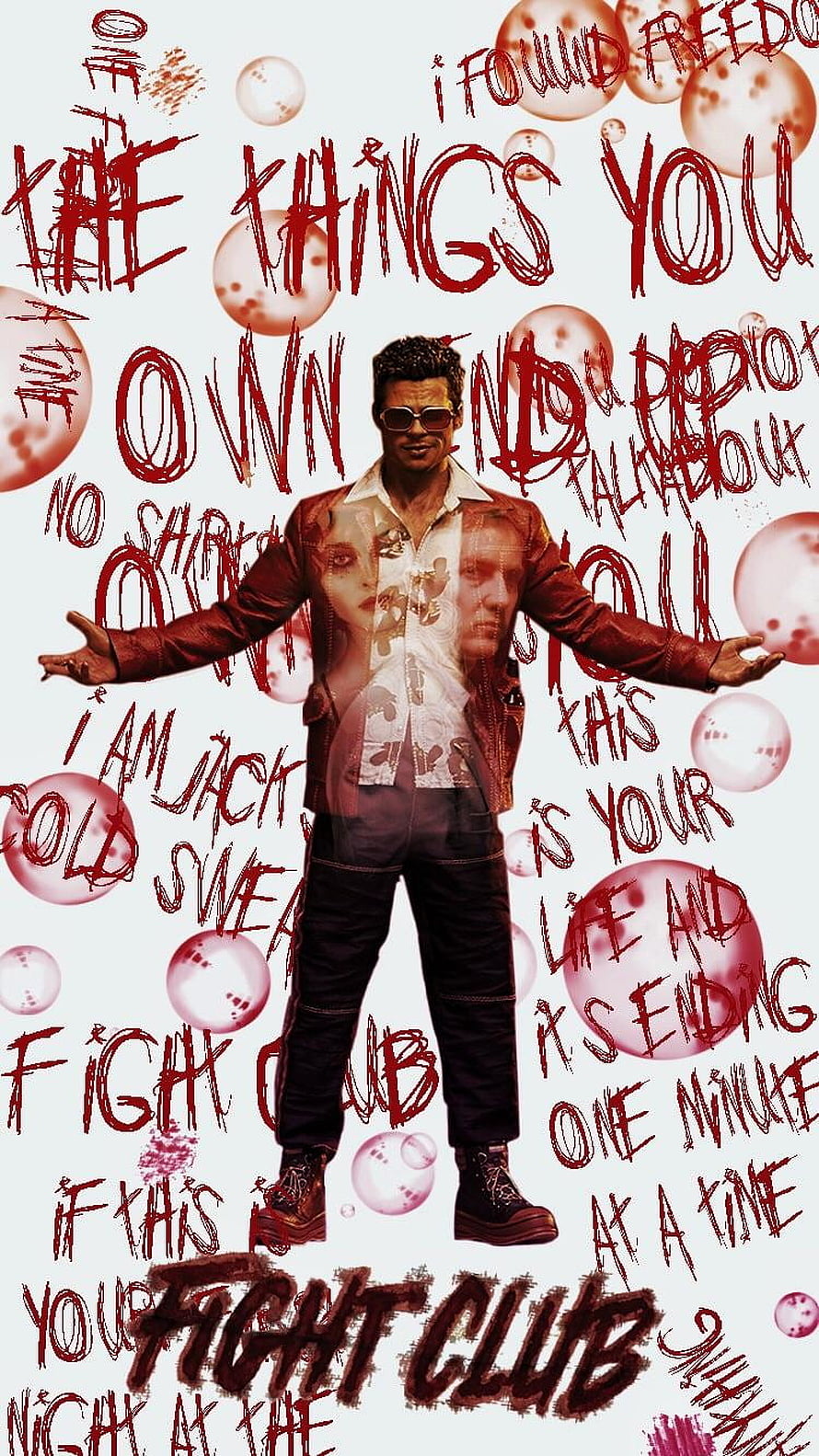Fight Club Movie Poster with Brad Pitt and Red Graffiti Text on White Background HD phone wallpaper