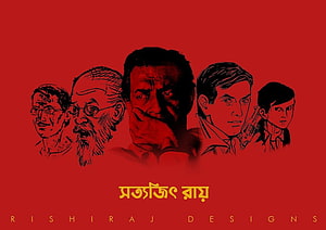 Satyajit Ray Character Portraits in Red and Black Sketch Style HD wallpaper