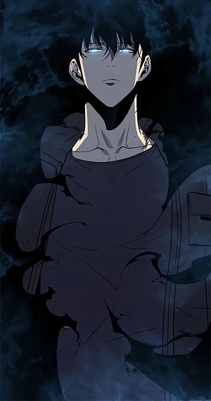 Solo Leveling Anime Character with Glowing Blue Eyes in Dark Tattered Clothing HD phone wallpaper