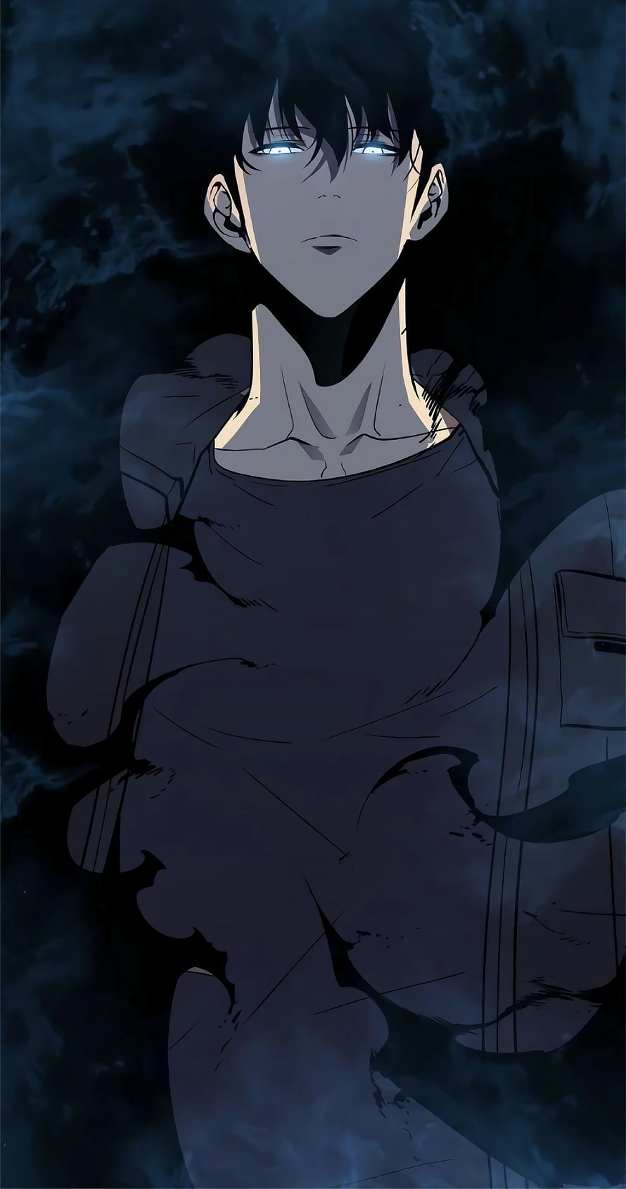 Solo Leveling Anime Character with Glowing Blue Eyes in Dark Tattered Clothing HD phone wallpaper