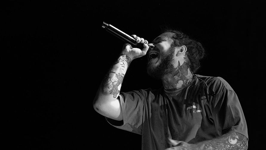 Post Malone Live Performance Black and White Concert Portrait HD wallpaper