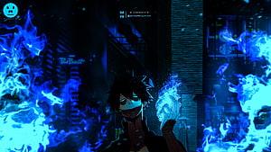 Dabi from My Hero Academia channeling blue flames in a dark urban setting HD wallpaper