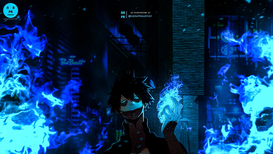 Dabi from My Hero Academia channeling blue flames in a dark urban setting HD wallpaper