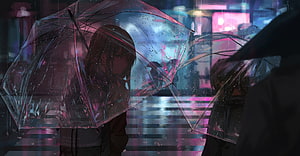 Anime Girl With Transparent Umbrella On Rainy Neon City Street At Night HD wallpaper