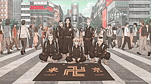 Tokyo Revengers Anime Group Portrait on Shibuya Crossing with Tokyo Gang Banner HD wallpaper