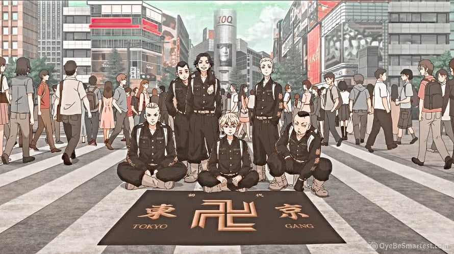 Tokyo Revengers Anime Group Portrait on Shibuya Crossing with Tokyo Gang Banner HD wallpaper
